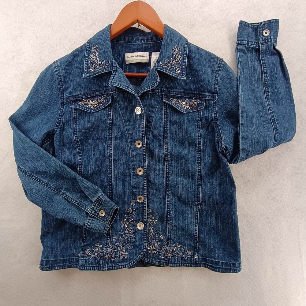 Alfred Dunner Denim Jacket Women 8P Blue Embroidered Floral Beads Shacket Y2K